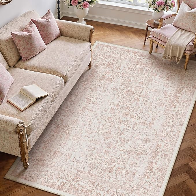 Pink Area Rug 3x5 Office Entryway Rug Machine Washable Kitchen Vintage Distressed Non Slip Carpet Indoor Retro Floral Accent Throw Door Mat for Bathroom Bedroom Dining Living Room