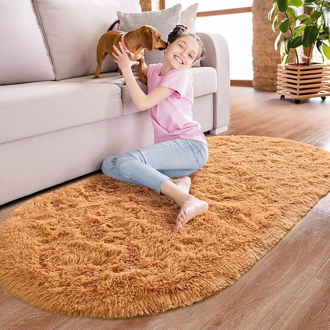 Noahas Fluffy Khaki Rugs for Bedroom Living Room,2.6'X5.3' Oval Throw Rug for Kids Room,Shag Hallway Runner Rug,Small Soft Shaggy Bedside Non-Slip Plush Nursery Dorm Carpet Home Decor Aesthetic