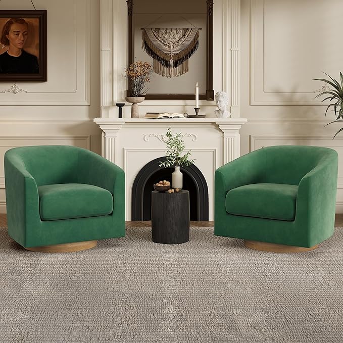 Swivel Barrel Accent Chair with Solid Wood Base, Round Velvet Living Room Arm Chairs, Modern Upholstered Comfty Reading Nook Chairs for Bedroom, Club Armchair, Single Sofa Side Chair, Green