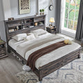 T4TREAM Farmhouse Queen Size Bed Frame with 54" Tall Storage Bookcase Headboard, Wood Platform Bed Frame with 18" Tall Roman Column Decoration Footboard & 2 Drawers(Dark Rustic Oak)