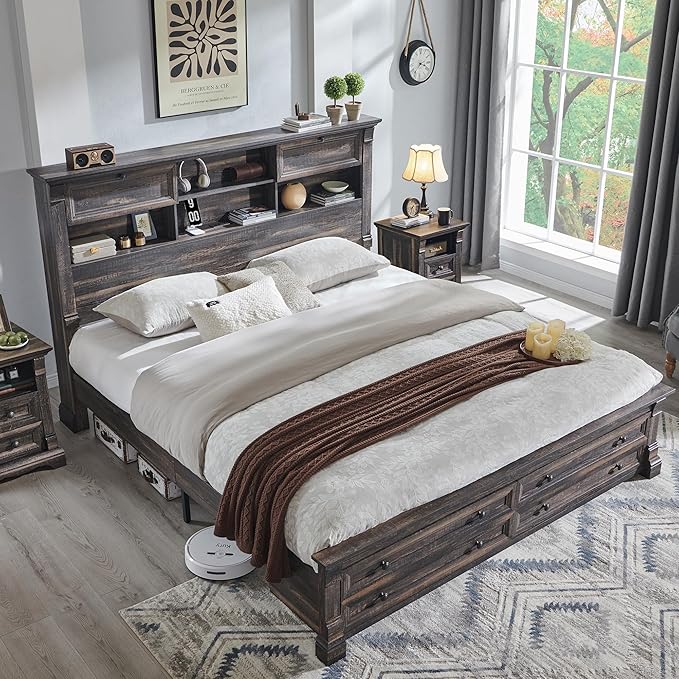 T4TREAM Farmhouse Queen Size Bed Frame with 54" Tall Storage Bookcase Headboard, Wood Platform Bed Frame with 18" Tall Roman Column Decoration Footboard & 2 Drawers(Dark Rustic Oak)