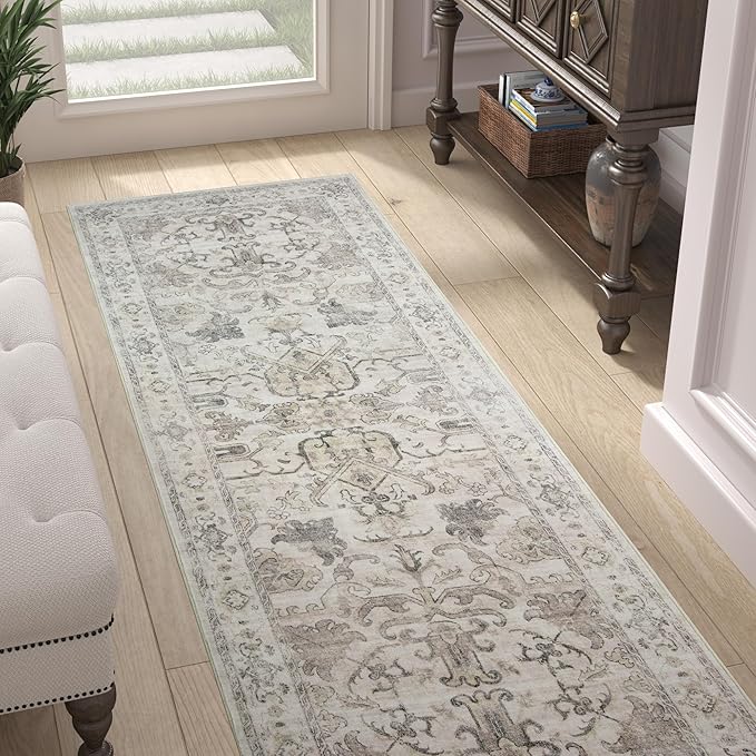jinchan Hallway Runner Rug 2x8 Machine Washable - Vintage Floral Non-Slip Low-Pile Soft Ultra-Thin Faux Wool Kitchen Rug Distressed Carpet Runner for Farmhouse Bedroom Laundry Room (2x8ft, Taupe)