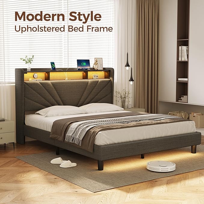 Rolanstar Queen Size Bed Frame, Storage Headboard with Charging Station and LED Lights, Upholstered Bed with Heavy Duty Wood Slats, No Box Spring Needed, Noise Free, Easy Assembly, Dark Grey
