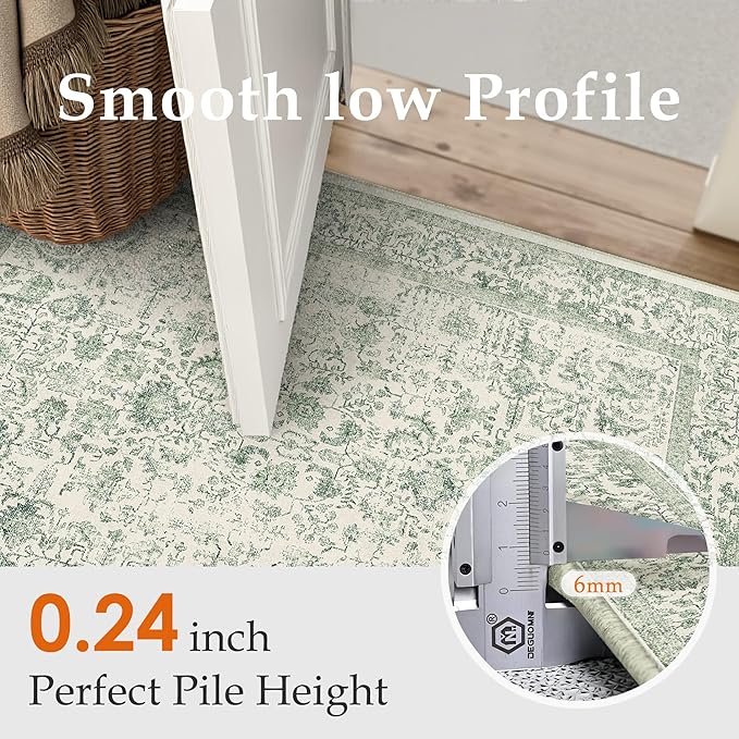 Runner Rug 2x6 Sage Green Hallway Washable Vintage Distressed Kitchen Carpet Non Slip Neutral Low Pile Retro Floral Farmhouse Long Throw Rug Entryway Bathroom Office Laundry Dining Room