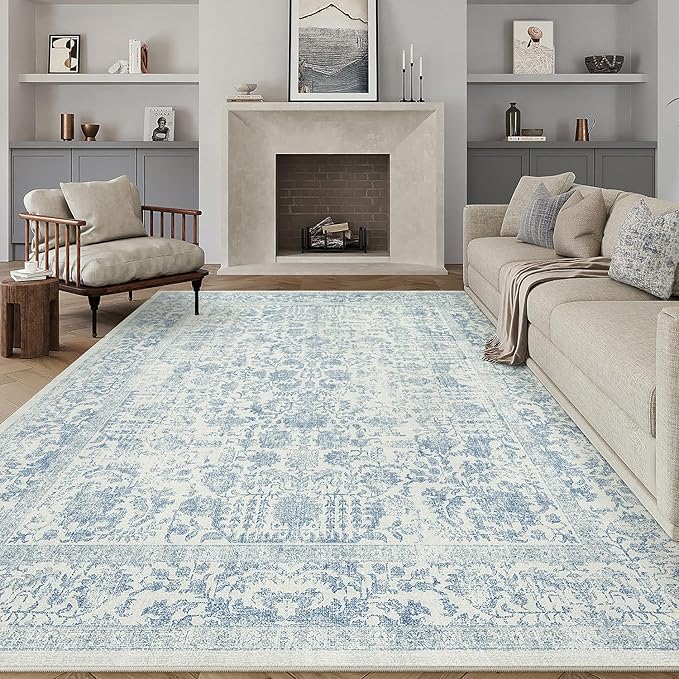 Blue Area Rug 8x10 Machine Washable Large Vintage Living Room Distressed Non Slip Carpet Traditional Indoor Bedroom Retro Floral Accent Throw Rug for Office Kitchen Dining Room