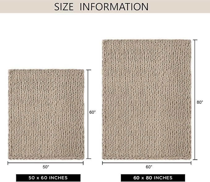 Chunky Knit Throw Blanket 50"X 60", 100% Handmade with Soft Chenille Yarn, 4.4lbs Thick Cable Knitted Blankets, Large Rope Knot Crochet Throws for Couch Sofa Bed Home Decor, Taupe