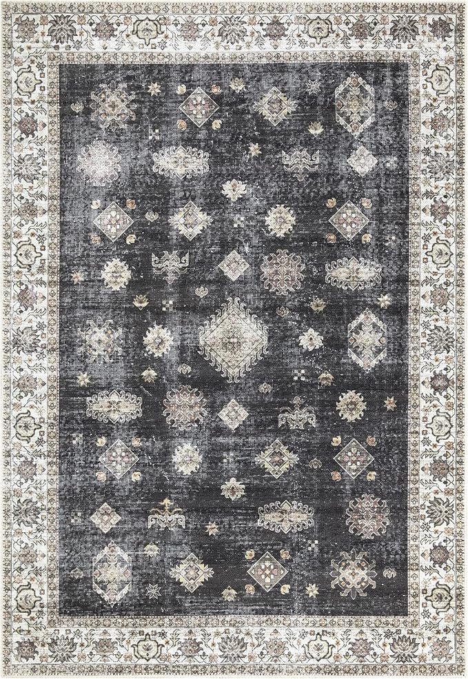 Bloom Rugs Washable Non-Slip 5' x 7' Rug - Black/Ivory Traditional Area Rug for Living Room, Bedroom, Dining Room, and Kitchen - Exact Size: 5' x 7'
