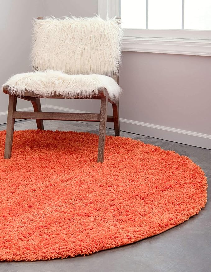 Unique Loom Solid Shag Collection Area Rug (6' 1" Round, Tiger Orange)