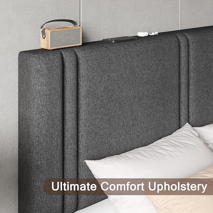 Upholstered King Size Bed Frame with Linen Fabric Headboard, Strong Wooden Slats Support, Noise Free, No Box Spring Needed, Dark Grey
