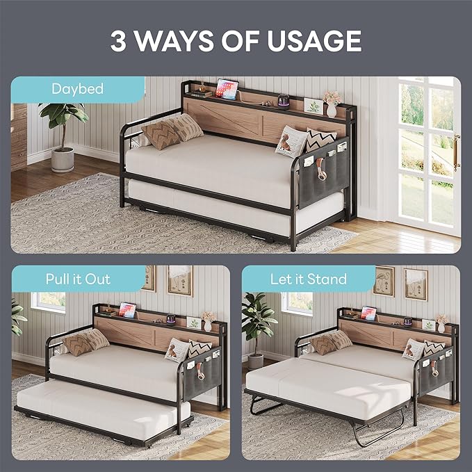 LIKIMIO Twin Daybed with Trundle Bed, Storage Headboard with Charging Station, Sofa Day Bed with Strong Supports for Living Room, Bedroom, and Guest Room, Wood Color