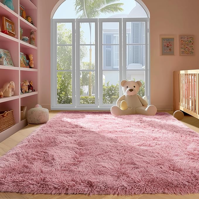 PAGISOFE Shaggy Fluffy Area Rugs Carpets for Girls Room Baby Nursery Teens Rooms 4x6 Feet Pink Plush Fuzzy Shag Rugs for Kids Bedroom Home Decor Aesthetic Coral Furry Rug, Blush