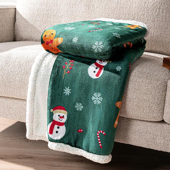 PAVILIA Green Christmas Sherpa Throw Blanket, Gingerbread Snowman Holiday Pattern, Soft Reversible Fleece & Sherpa 60x80 Winter Blanket for Couch & Bed, Cozy Christmas Decor