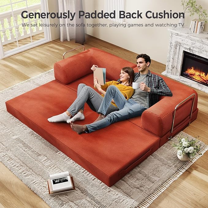 5-in-1 Folding Convertible Sofa Bed, 78 Inch Oversized Corduroy Upholstered Boneless Couch, Loveseat Sleeper with Pull Out Bed, Floor Sofa Modular Futon Couch for Living Room Bedroom Lounge