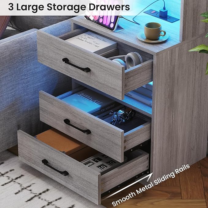 VIAGDO Tall Nightstand with Charging Station and LED Lights, Large Grey Night Stand with Bookshelf, Modern LED Bedside Table with 3 Drawers and Storage Shelves, End Side Table for Bedrooms, Dorms