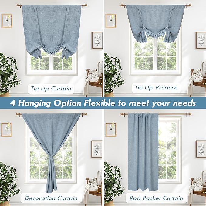 DriftAway Double Layer Linen Blackout Tie Up Curtains Thermal Insulated Fully Lined Balloon Roman Shade Bathroom Window Adjustable Rod Pocket for Small Window 45 Inch by 63 Inch Dusty Blue