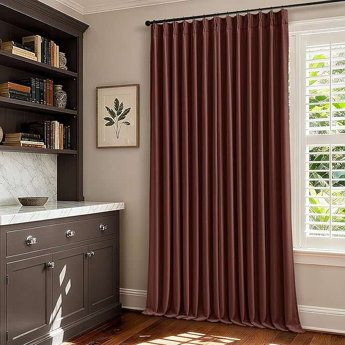 Brick Brown Pinch Pleated Blackout Linen Curtains 120 Inches Long for Living Room Bedroom 2 Panels Room Darkening Thermal Insulated Red Chestnut Country Farmhouse 100% Black Out Window Curtain Drapes