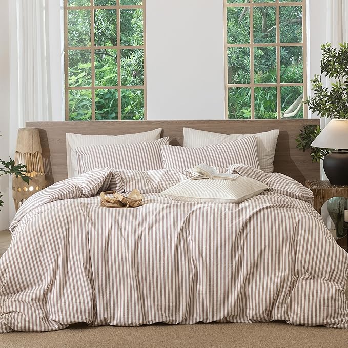 MooMee Striped Duvet Cover Set 100% Washed Cotton Linen Like Textured Breathable Durable Soft Comfy (Orange Classic Stripes, King 104"x90")