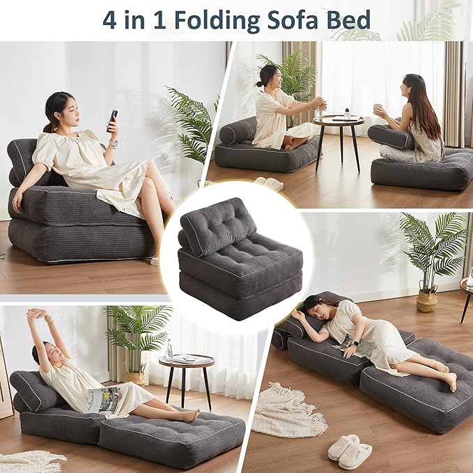 Folding Chair Bed, Futon Sofa Bed, Floor Couch for Adults Chair Bed for Living Room, Lounge Sofa, Convertible Sofa Bed, Small Couches for Small Spaces,Grey
