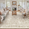 Light Brown Area Rug 10x14 Machine Washable Large Vintage Living Room Distressed Non Slip Carpet Traditional Indoor Bedroom Retro Floral Accent Throw Rug for Office Kitchen Dining Room