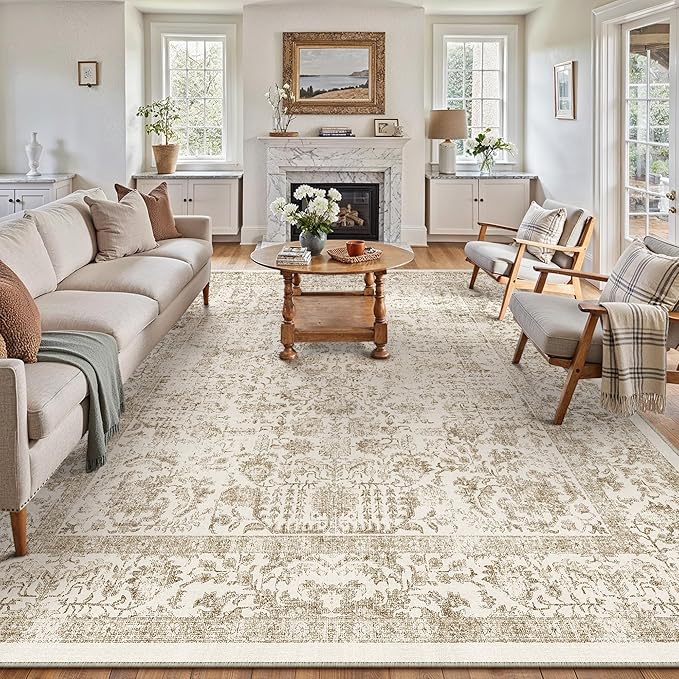Light Brown Area Rug 10x14 Machine Washable Large Vintage Living Room Distressed Non Slip Carpet Traditional Indoor Bedroom Retro Floral Accent Throw Rug for Office Kitchen Dining Room