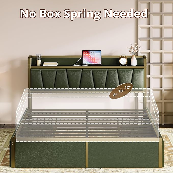 LIKIMIO Queen Bed Frame with 4 Storage Drawers, Platform Bed with Charged Headboard, Sturdy and Stable, No Noise, No Box Spring Needed, Easy to Install, Dark Green