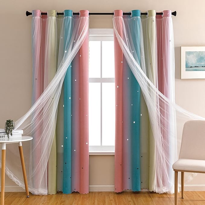 XiDi Dream Star Blackout Curtains for Kids Rooms Girl Princess Curtain for Daughter Bedroom Window (Pink Blue, W52 X L84)