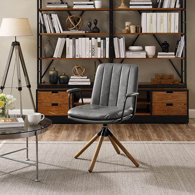 Art Leon Desk Chair No Wheels, Set of 2, Mid Century Modern Swivel Chair with Oak Wood Legs, Faux Leather Home Office Desk Chairs for Bedroom Living Room, Gray