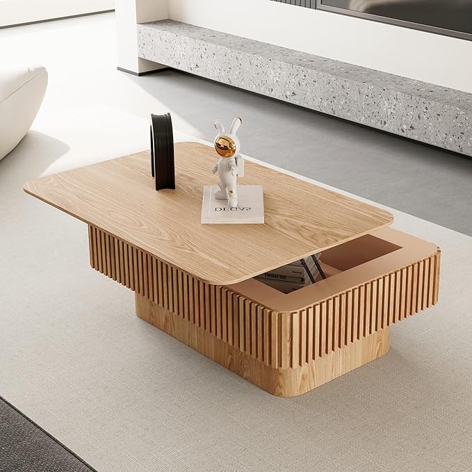 LKTART Lift Top Coffee Table for Living Room, Accent Fluted Coffee Table with Storage, Modern Solid Wood Veneered Rectangle Center Tea Table for Small Space Apartment (38.6''D×14''H-Natural)
