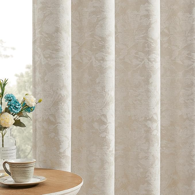 Beauoop Beige Floral Jacquard Blackout Curtains 63 Inches Long 2 Panels for Bedroom Living Room Taupe Flower Chenille Room Darkening Thermal Insulated Soundproof Grommet Window Treatments Drapes 52x63