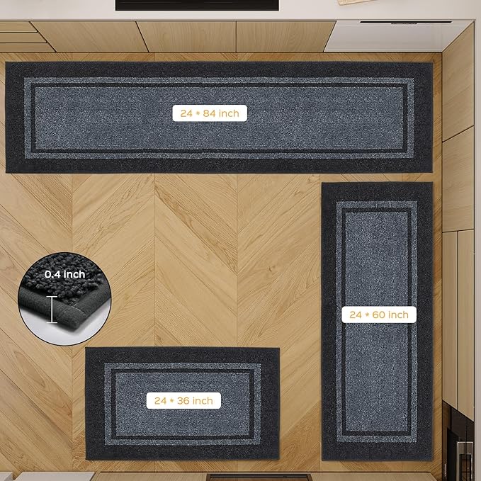 Kitchen Rugs 24" x 36", Non-Slip Machine Washable Kitchen Runner Rugs Floor Mats, Absorbent Comfort Standing Mats for Kitchen, Sink, Laundry and Hallway, Bluish Grey & Charcoal