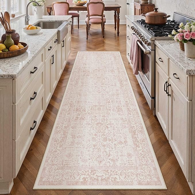Pink Runner Rug 2x7 Hallway Machine Washable Kitchen Vintage Distressed Non Slip Long Carpet Indoor Retro Floral Bedroom Accent Throw Rug for Bathroom Office Laundry Dining Room