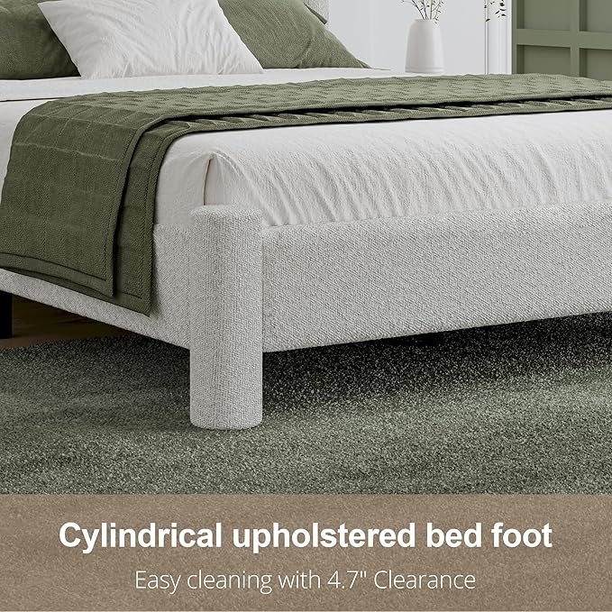 King Size Bed Frame, Boucle Upholstered Platform Bed with Headboard and Footboard, Soft Rounded Corners, No Box Spring Required, Easy Assembly, White