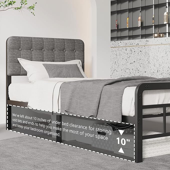 12 Inch Twin XL Bed Frames with Upholstered Headboard and Metal Footboard, No Box Spring Needed, Heavy Duty XL Twin Metal Mattress Foundation, Noise Free, Easy Assembly
