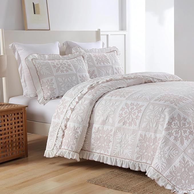MarCielo 3-Piece 100% Cotton Oversized Bedspread Lightweight Quilt Coverlet Embroidery Farmhouse Bedding Set (TJ Colorful,King (112"x102"))