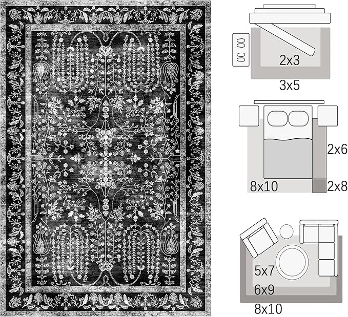 Area Rugs 6x9, Machine Washable Rugs 6x9 Black Large Rug Indoor Floor Non Silp Carpet Distressed Vintage Rug for Bedroom Dining Room Home Office | Black