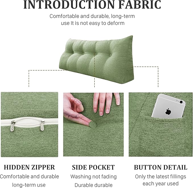 homecozy Wedge Headboard Pillow Dorm Room Reading Pillow Back Support for Sitting Up in Bed Bolster Lumbar Cushion Body Positioning Bedrest Cotton Linen 54in Grass Green Full