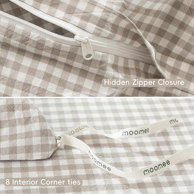 MooMee Gingham Duvet Cover Set 100% Washed Cotton Linen Like Textured Breathable Durable Soft Comfy Modern Checkered Design (Mini Gingham Tannish Linen Grey, Palatial King/Oversized King 120"x98")