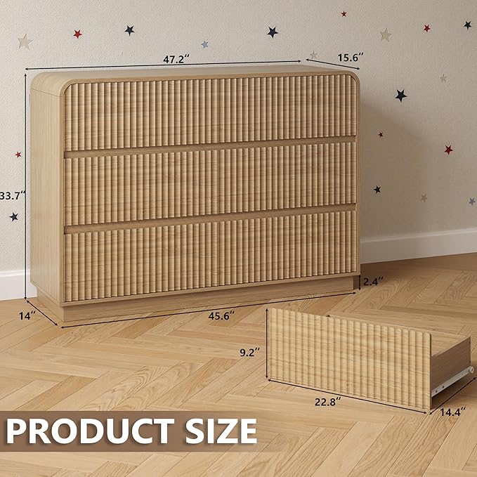 Dresser for Bedroom with 6 Drawers, Fluted Chest of Drawers with Round Curved Corner, Hidden Handles, Modern Wood Storage Organizer for Bedroom, Nursery, Living Room