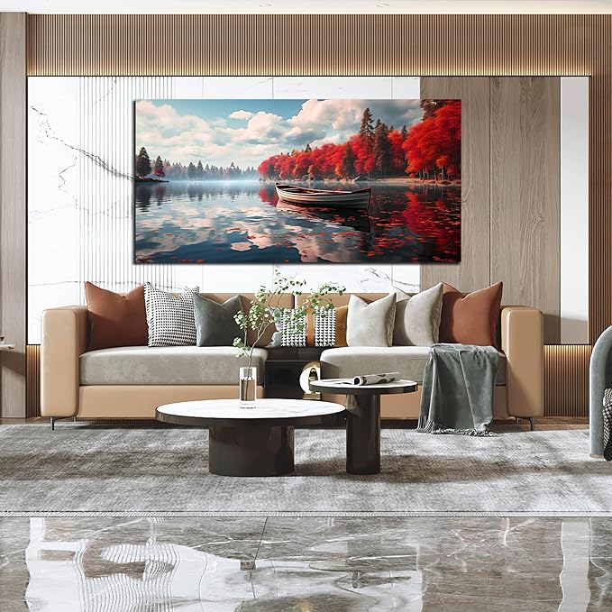 Large Wall Art for Living Room Bedroom Office Red Forest Wall Art Lake Landscape Pictures Modern Artwork Framed Canvas Prints 29x59 Inch