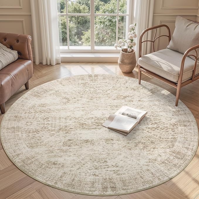 5x5 Beige Round Rug 5ft Living Room Circle Rug Vintage Round Area Rug Non Slip Indoor Carpet for Entryway Dining Room Bedroom