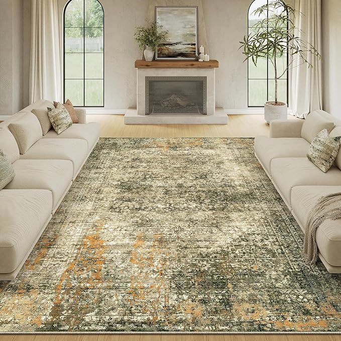 Area Rug 8x10 Brown Washable Non-Slip Lightweight Floral Vintage Distress Print Rug for Living Room Low Pile Soft Throw Indoor Carpet for Office College Dorm Laundry Dining Room Bedroom