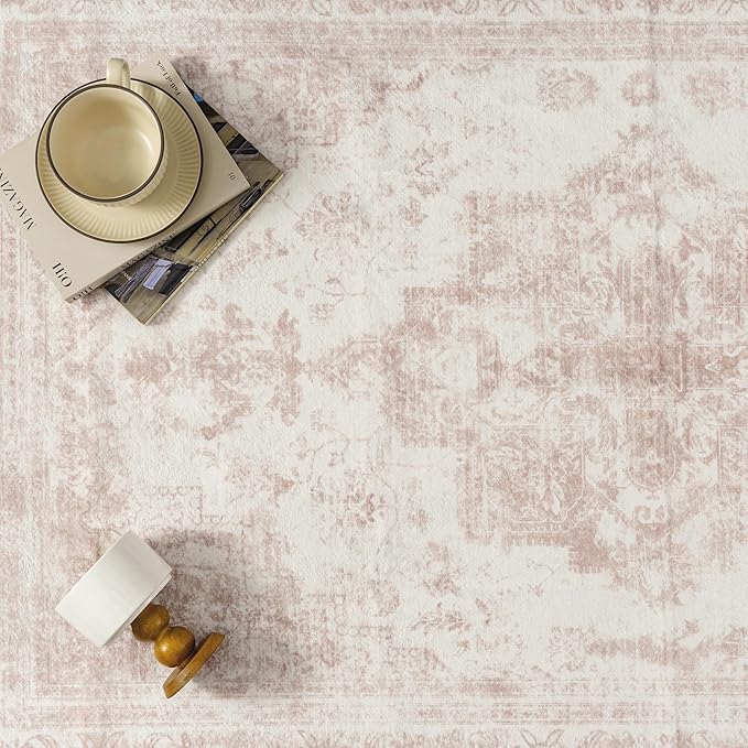 Area Rug 3x5 Washable Pink Rug Vintage Boho Medallion Entryway Door Mat Entrance Distressed Retro Carpet Non Slip Low Pile Small Soft for Office Kitchen Bedroom Laundry Bathroom Hallway