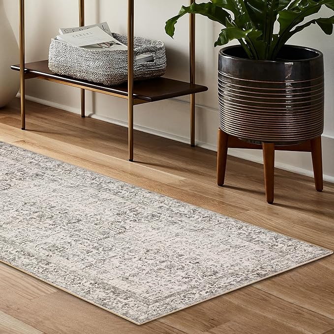 Gray Runner Rug 2x8 Hallway Machine Washable Kitchen Vintage Distressed Non Slip Long Carpet Indoor Grey Retro Floral Bedroom Accent Throw Rug for Bathroom Office Laundry Dining Living Room