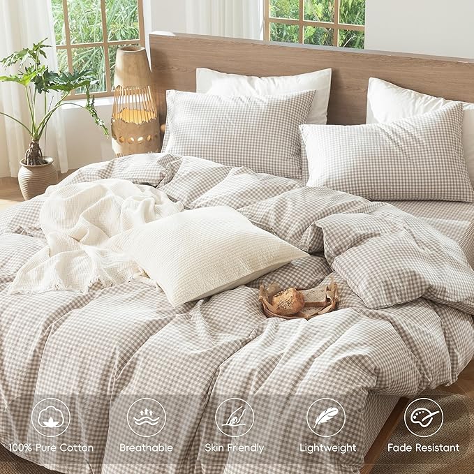 MooMee Gingham Duvet Cover Set 100% Washed Cotton Linen Like Textured Breathable Durable Soft Comfy Modern Checkered Design (Mini Gingham Tannish Linen Grey, King 104"x90")