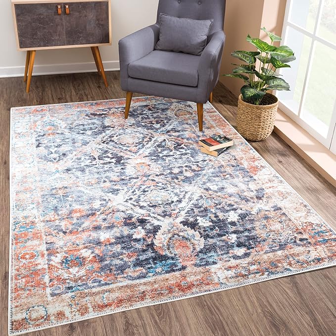 Bloom Rugs Washable Non-Slip 5' x 7' Rug - Orange/Black Traditional Area Rug for Living Room, Bedroom, Dining Room, and Kitchen - Exact Size: 5' x 7'