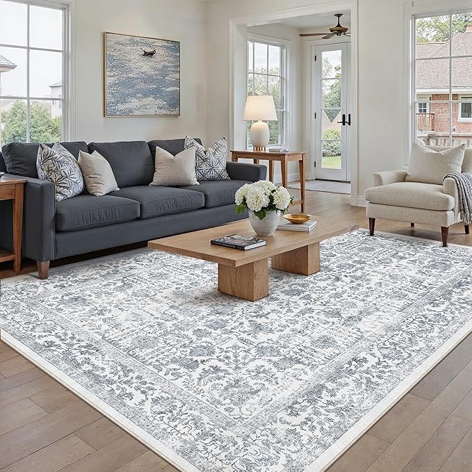 Navy Blue Area Rug 6x9 Machine Washable Vintage Living Room Distressed Non Slip Carpet Traditional Indoor Bedroom Retro Floral Accent Throw Large Rug for Office Kitchen Dining Room