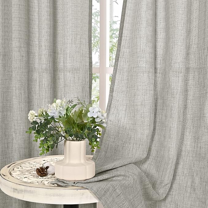 YoungsTex Light Grey Linen Curtains 48 Inch Length, Short Light Filtering Drapes Semi Sheer with Bronze Grommet Lightweight for Bedroom Living Room Windows, 42 x 48 Inch, 2 Panels