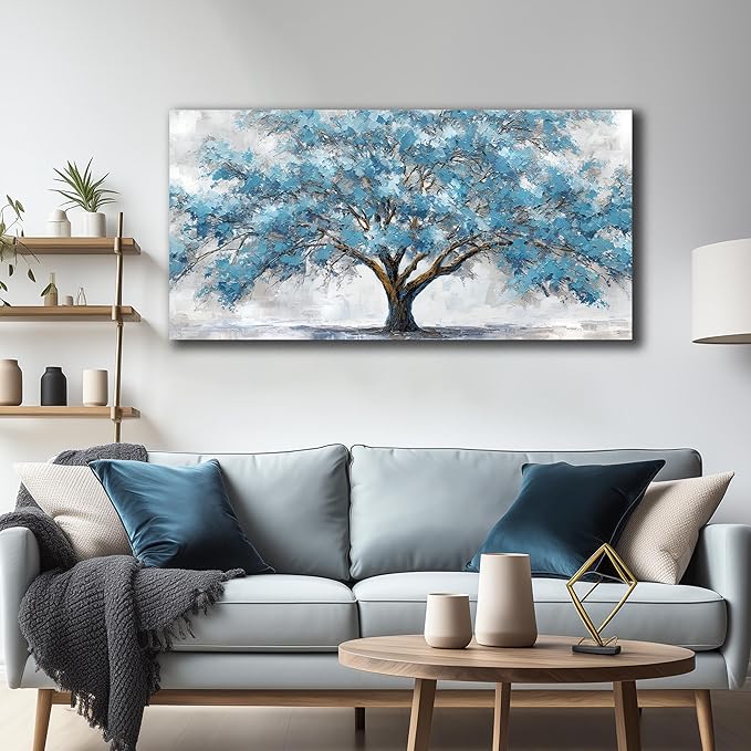 JuhaiArt Teal Wall Decor Tree Wall Art for Living Room Bedroom Home Office White Canvas Picture 24" x 48" modern Prints Art
