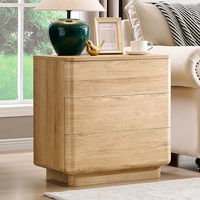 JXQTLINGMU 22" Modern Nightstand Set of 2 with Charging Station, Large Push-to-Open End Table, Wood Bedside Table, Curved Profile, Handleless 3 Drawer Night Stand for Bedroom, Living Room, Natural Oak