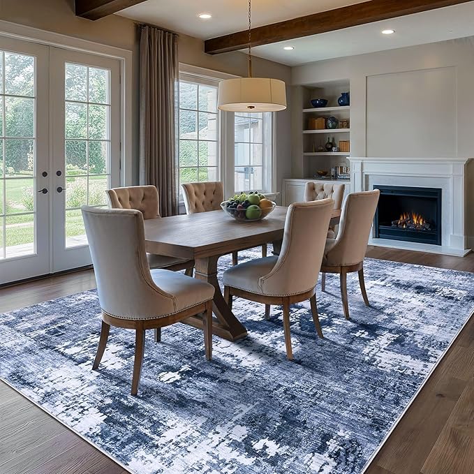 Area Rug Living Room Rugs - 5x7 Washable Large Soft Indoor Neutral Modern Abstract Low Pile Rug Carpet for Bedroom Dining Room Farmhouse Home Office - Navy Blue